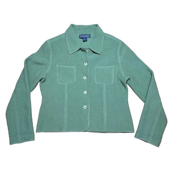 Herman Geist Womens 100% Wool Sweater Large Green Button Front Collared Classic - Picture 1 of 5